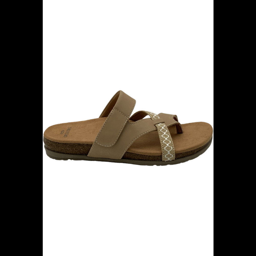 Earth Origins Beige Taupe Two-Strap Slide Sandals